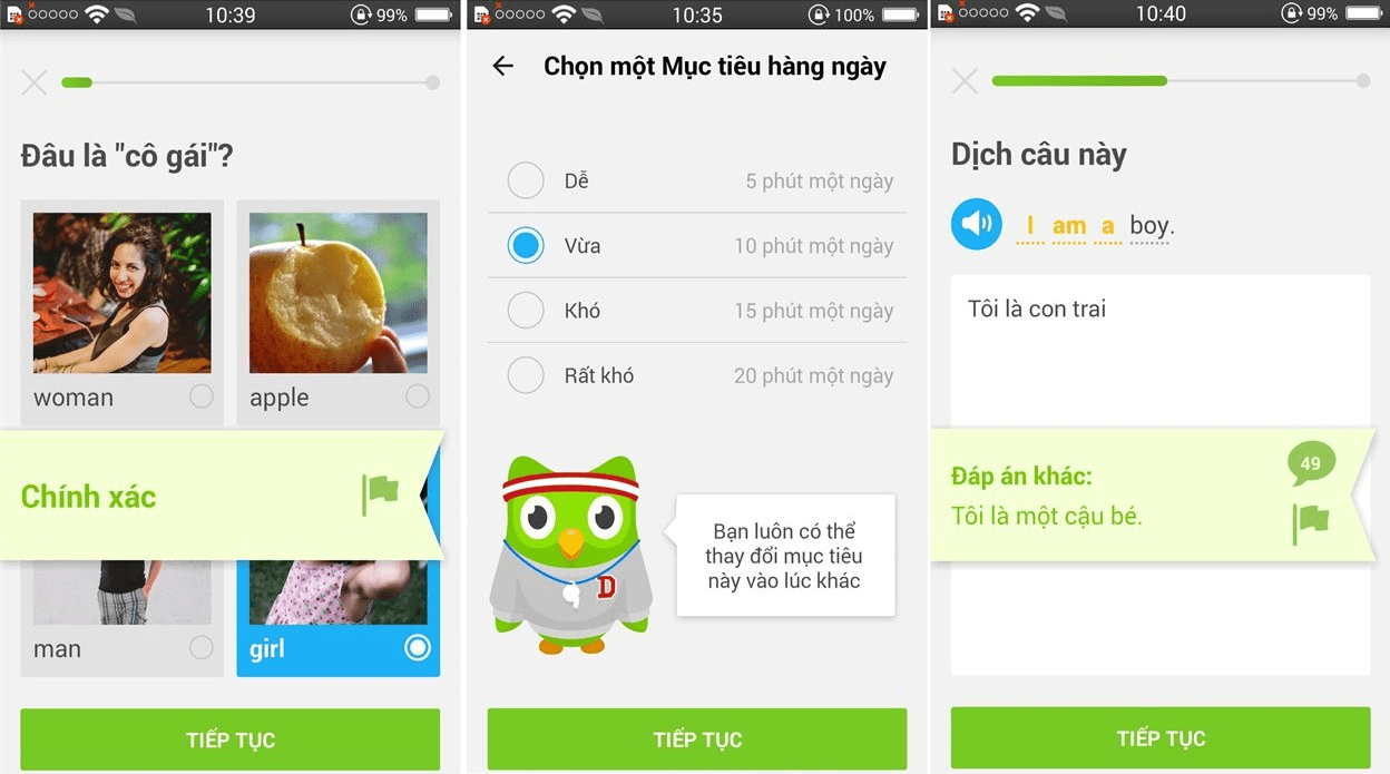 Giao diện của ứng dụng Duolingo 
